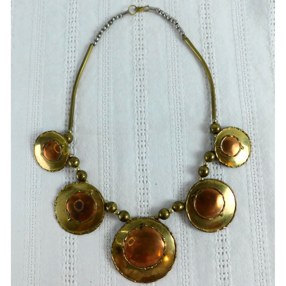 Brass Copper Necklace Statement Chunky Bib, Vintage 80s Jewelry Metal Patina
